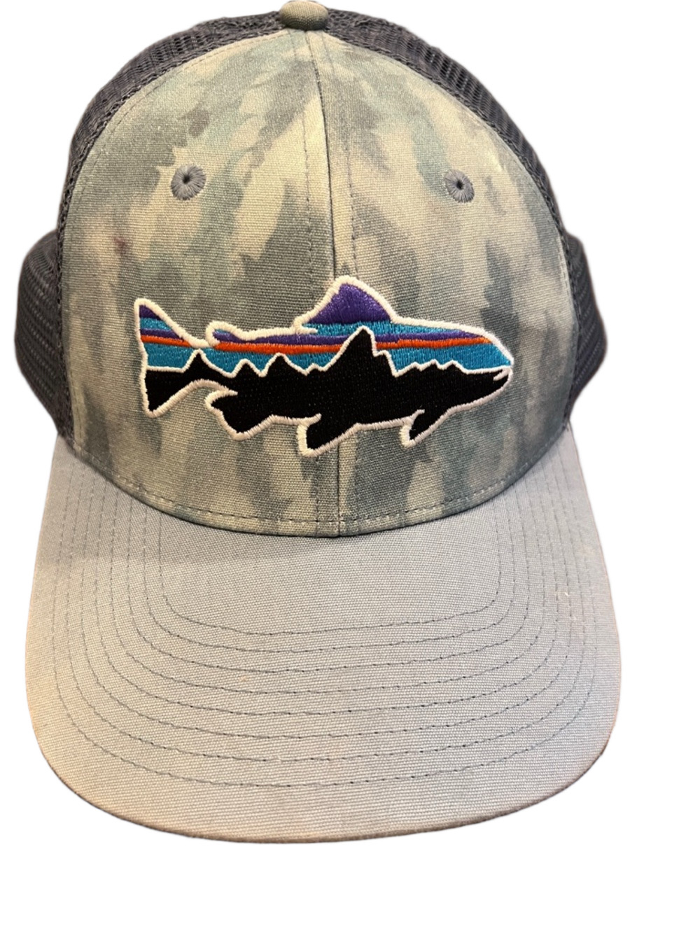 Patagonia Embroidered Fish Patch Trucker Hat in Slate and Navy